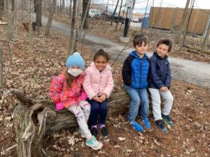 quatre enfants assis sur un tronc d'arbre